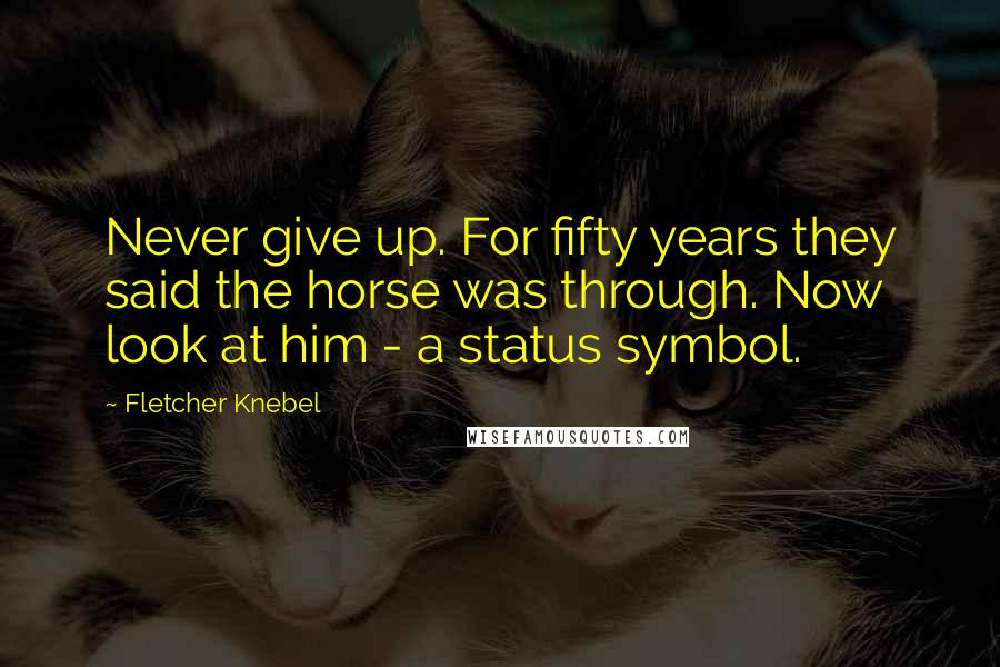 Fletcher Knebel Quotes: Never give up. For fifty years they said the horse was through. Now look at him - a status symbol.