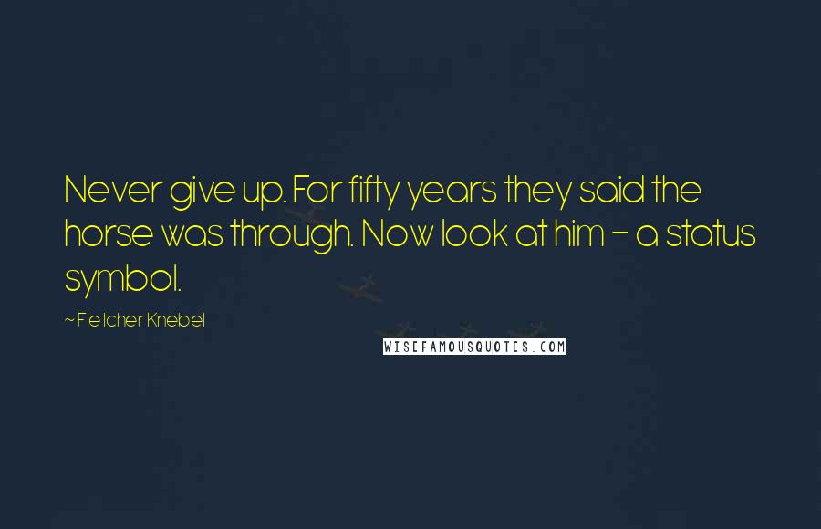 Fletcher Knebel Quotes: Never give up. For fifty years they said the horse was through. Now look at him - a status symbol.