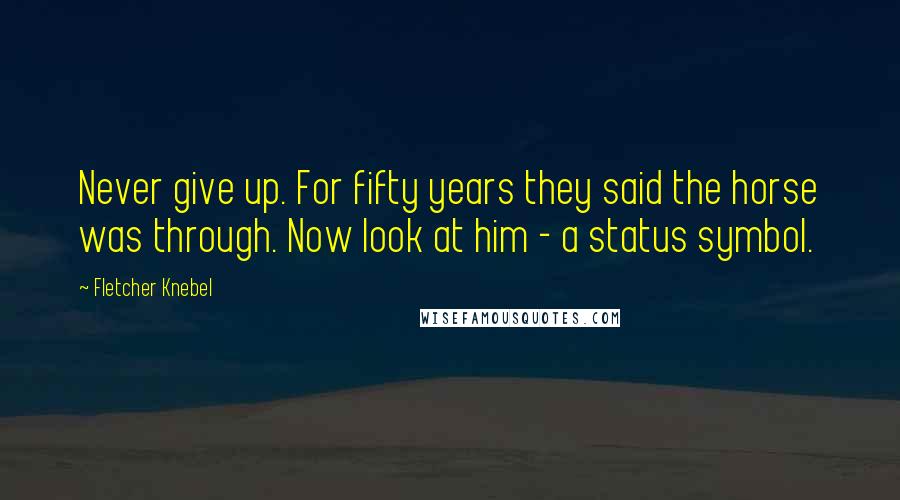 Fletcher Knebel Quotes: Never give up. For fifty years they said the horse was through. Now look at him - a status symbol.