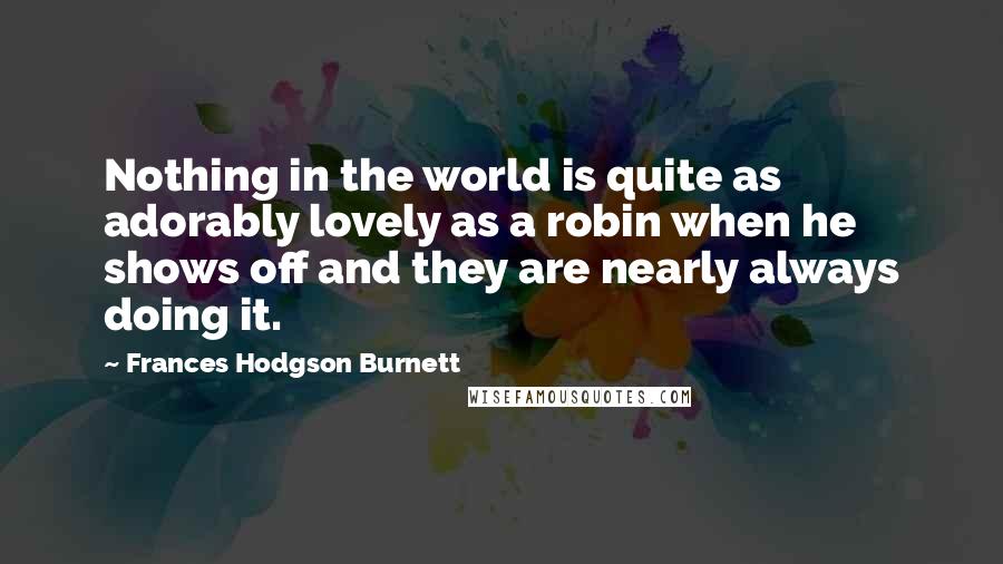 Frances Hodgson Burnett Quotes: Nothing in the world is quite as adorably lovely as a robin when he shows off and they are nearly always doing it.