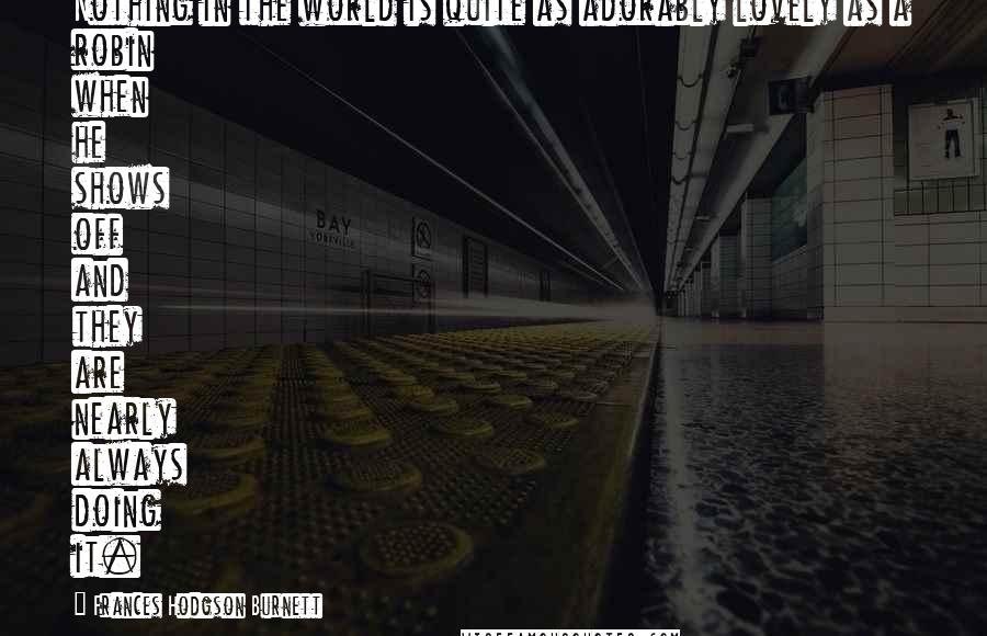 Frances Hodgson Burnett Quotes: Nothing in the world is quite as adorably lovely as a robin when he shows off and they are nearly always doing it.