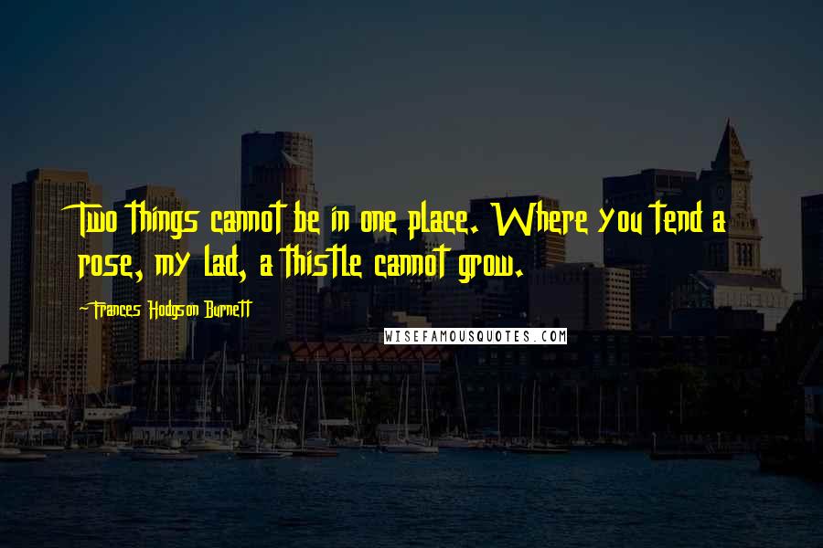 Frances Hodgson Burnett Quotes: Two things cannot be in one place. Where you tend a rose, my lad, a thistle cannot grow.