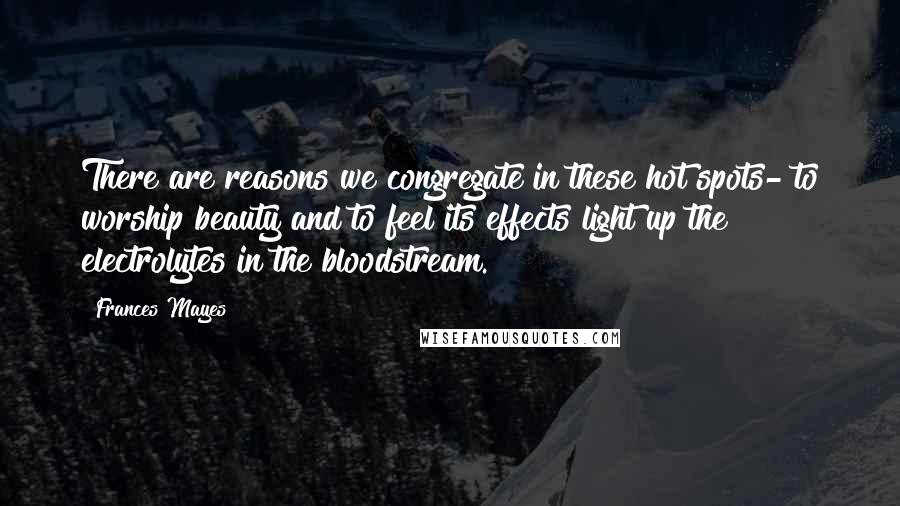 Frances Mayes Quotes: There are reasons we congregate in these hot spots- to worship beauty and to feel its effects light up the electrolytes in the bloodstream.