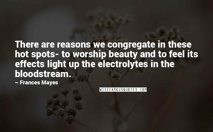 Frances Mayes Quotes: There are reasons we congregate in these hot spots- to worship beauty and to feel its effects light up the electrolytes in the bloodstream.