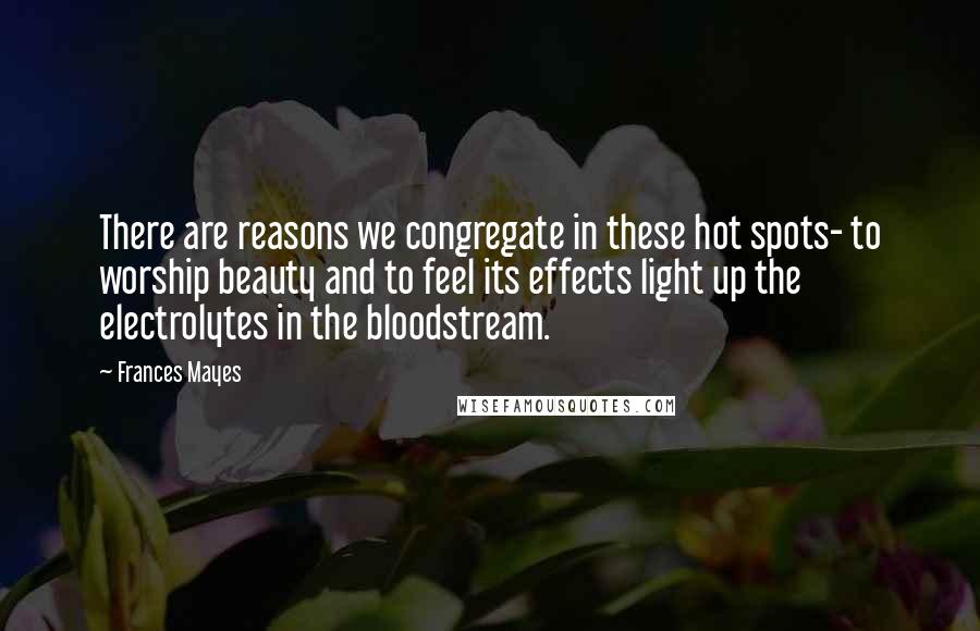 Frances Mayes Quotes: There are reasons we congregate in these hot spots- to worship beauty and to feel its effects light up the electrolytes in the bloodstream.