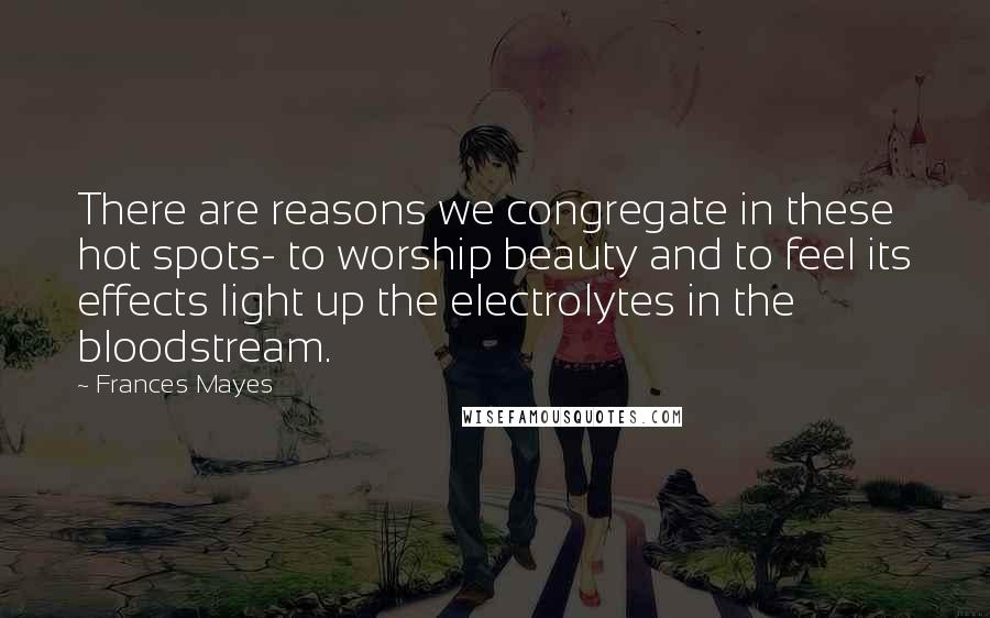 Frances Mayes Quotes: There are reasons we congregate in these hot spots- to worship beauty and to feel its effects light up the electrolytes in the bloodstream.