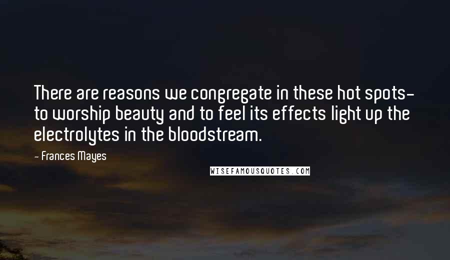 Frances Mayes Quotes: There are reasons we congregate in these hot spots- to worship beauty and to feel its effects light up the electrolytes in the bloodstream.