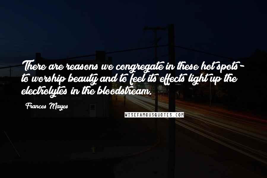 Frances Mayes Quotes: There are reasons we congregate in these hot spots- to worship beauty and to feel its effects light up the electrolytes in the bloodstream.