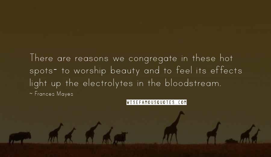 Frances Mayes Quotes: There are reasons we congregate in these hot spots- to worship beauty and to feel its effects light up the electrolytes in the bloodstream.