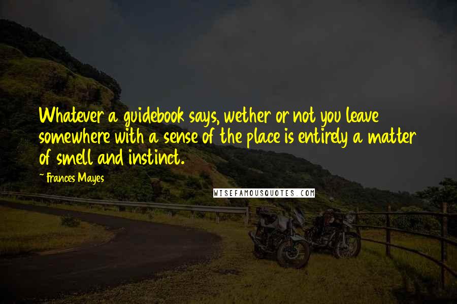 Frances Mayes Quotes: Whatever a guidebook says, wether or not you leave somewhere with a sense of the place is entirely a matter of smell and instinct.