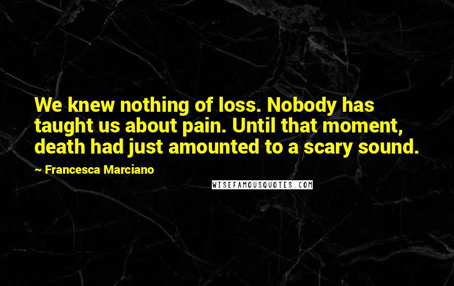 Francesca Marciano Quotes: We knew nothing of loss. Nobody has taught us about pain. Until that moment, death had just amounted to a scary sound.