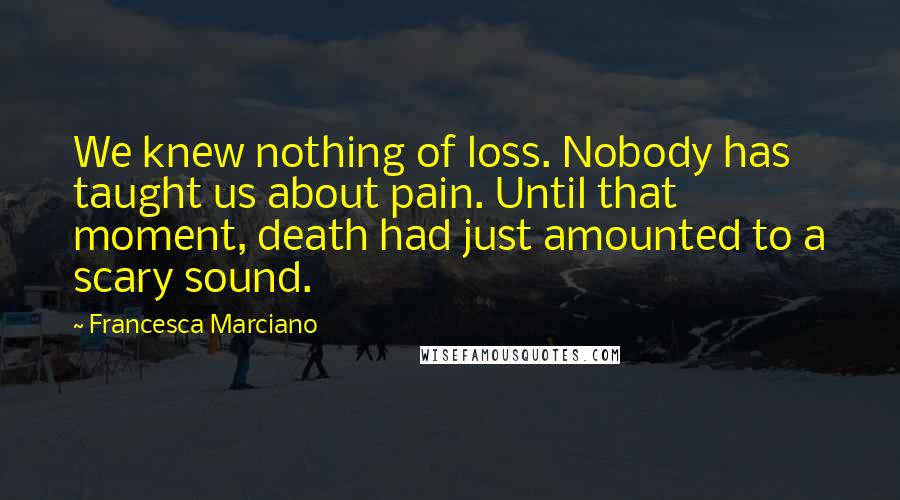 Francesca Marciano Quotes: We knew nothing of loss. Nobody has taught us about pain. Until that moment, death had just amounted to a scary sound.