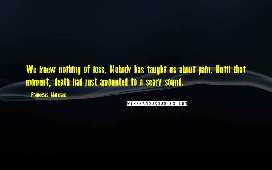 Francesca Marciano Quotes: We knew nothing of loss. Nobody has taught us about pain. Until that moment, death had just amounted to a scary sound.