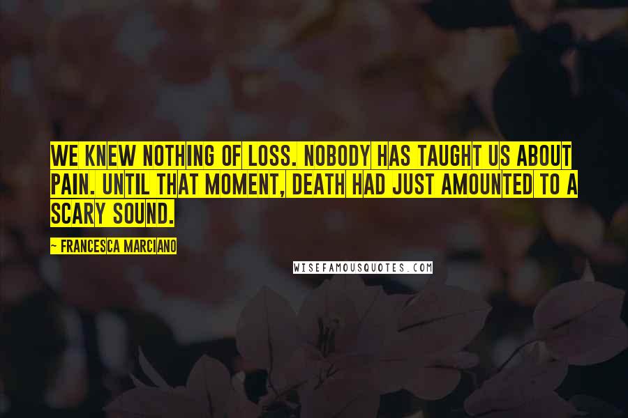 Francesca Marciano Quotes: We knew nothing of loss. Nobody has taught us about pain. Until that moment, death had just amounted to a scary sound.