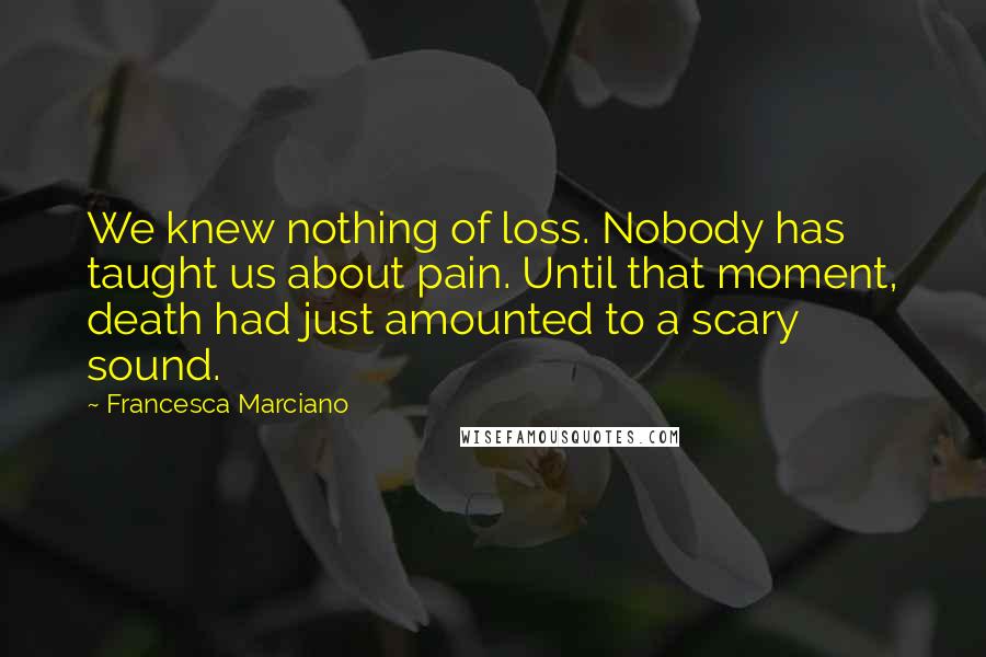 Francesca Marciano Quotes: We knew nothing of loss. Nobody has taught us about pain. Until that moment, death had just amounted to a scary sound.