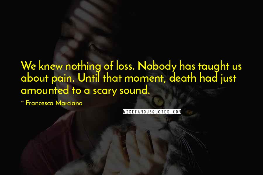 Francesca Marciano Quotes: We knew nothing of loss. Nobody has taught us about pain. Until that moment, death had just amounted to a scary sound.