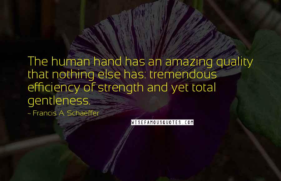 Francis A. Schaeffer Quotes: The human hand has an amazing quality that nothing else has: tremendous efficiency of strength and yet total gentleness.