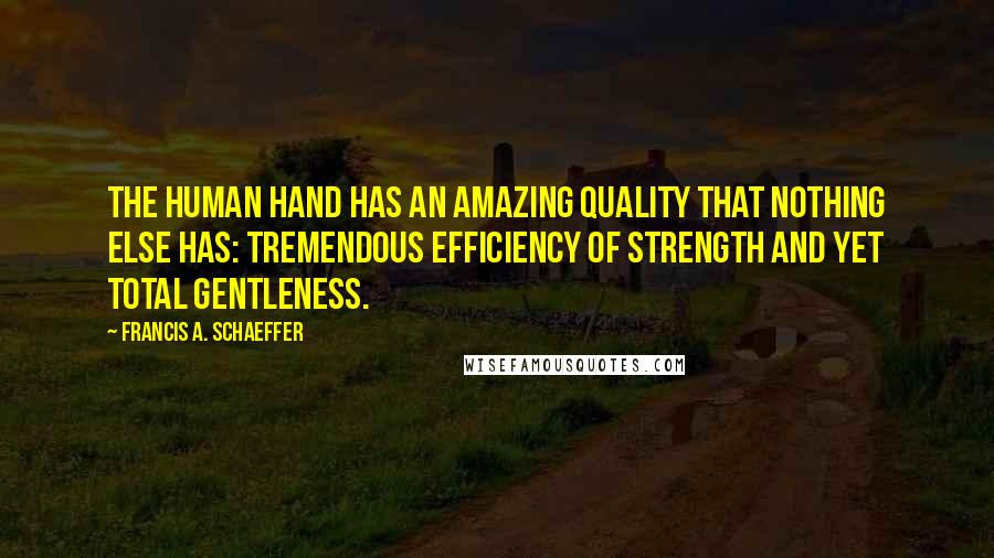 Francis A. Schaeffer Quotes: The human hand has an amazing quality that nothing else has: tremendous efficiency of strength and yet total gentleness.