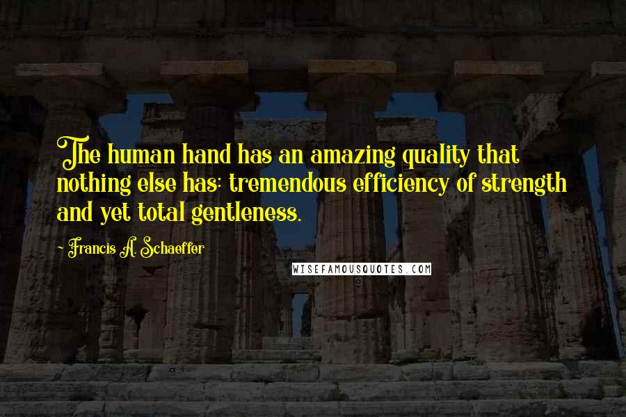 Francis A. Schaeffer Quotes: The human hand has an amazing quality that nothing else has: tremendous efficiency of strength and yet total gentleness.