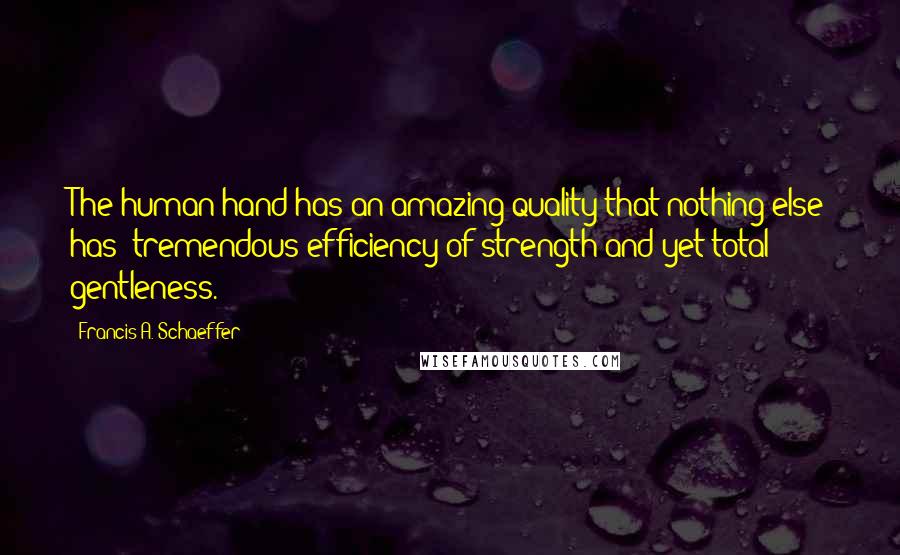 Francis A. Schaeffer Quotes: The human hand has an amazing quality that nothing else has: tremendous efficiency of strength and yet total gentleness.