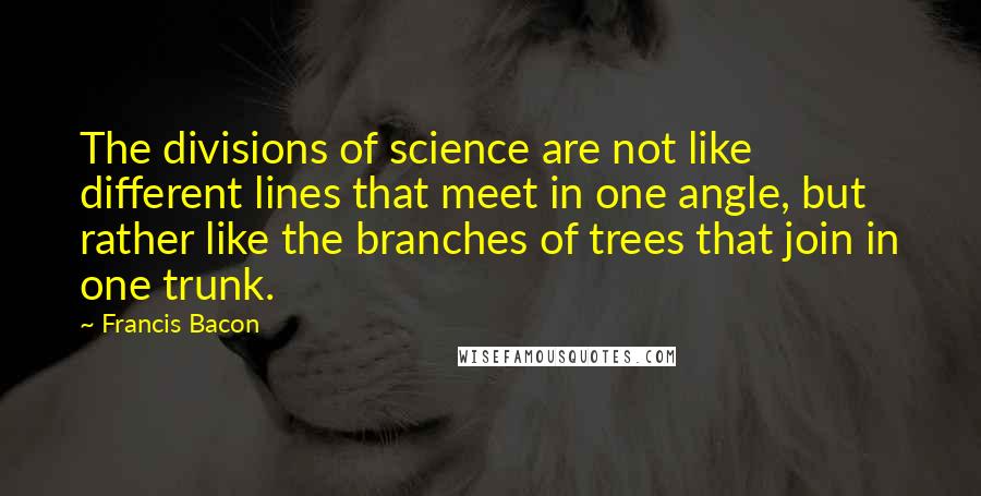 Francis Bacon Quotes: The divisions of science are not like different lines that meet in one angle, but rather like the branches of trees that join in one trunk.