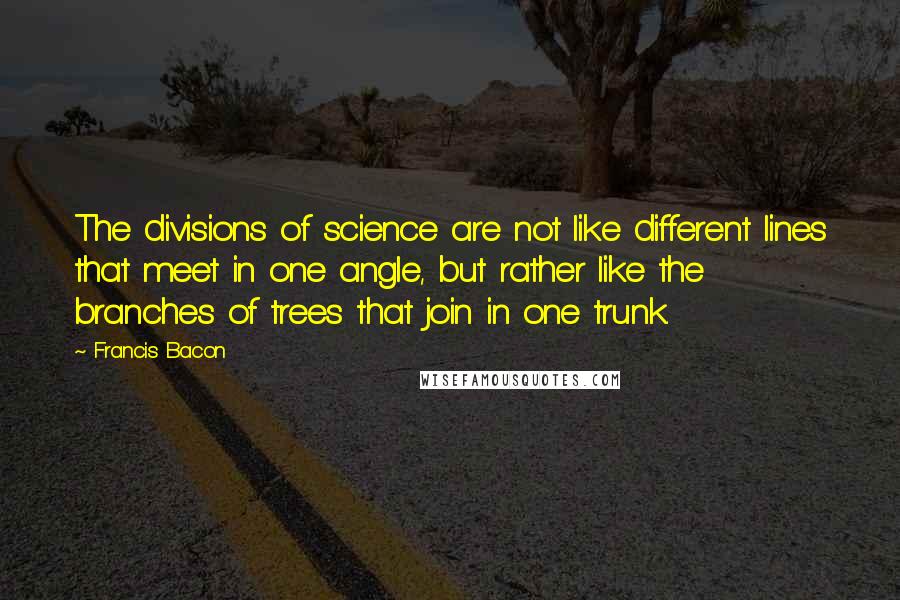Francis Bacon Quotes: The divisions of science are not like different lines that meet in one angle, but rather like the branches of trees that join in one trunk.