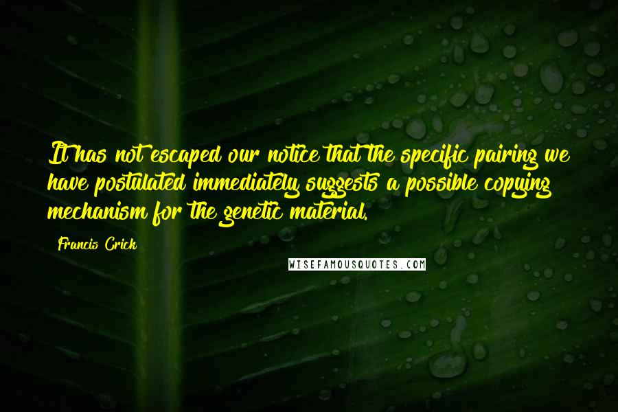 Francis Crick Quotes: It has not escaped our notice that the specific pairing we have postulated immediately suggests a possible copying mechanism for the genetic material.