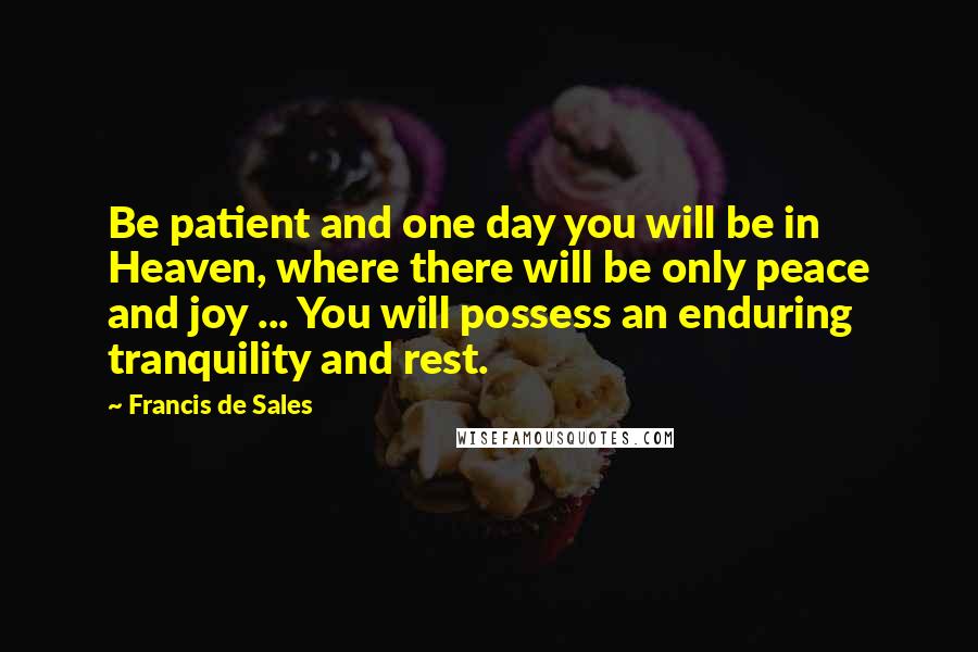 Francis De Sales Quotes: Be patient and one day you will be in Heaven, where there will be only peace and joy ... You will possess an enduring tranquility and rest.