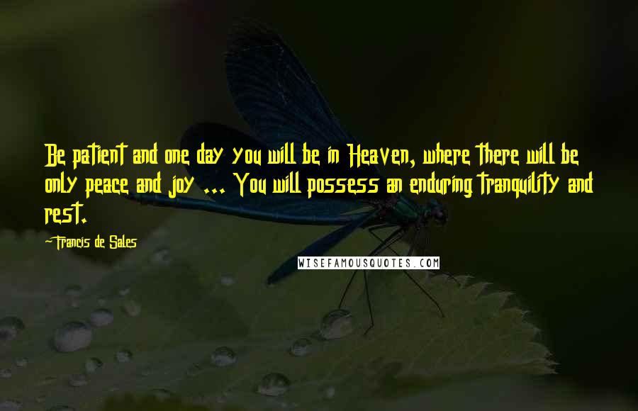 Francis De Sales Quotes: Be patient and one day you will be in Heaven, where there will be only peace and joy ... You will possess an enduring tranquility and rest.
