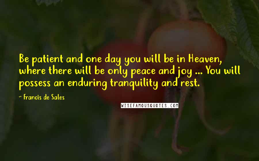 Francis De Sales Quotes: Be patient and one day you will be in Heaven, where there will be only peace and joy ... You will possess an enduring tranquility and rest.