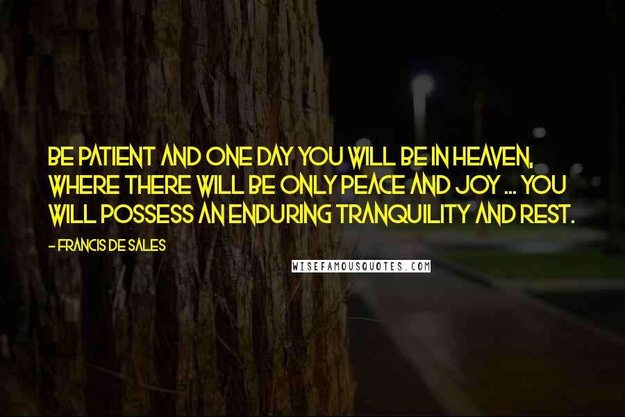Francis De Sales Quotes: Be patient and one day you will be in Heaven, where there will be only peace and joy ... You will possess an enduring tranquility and rest.