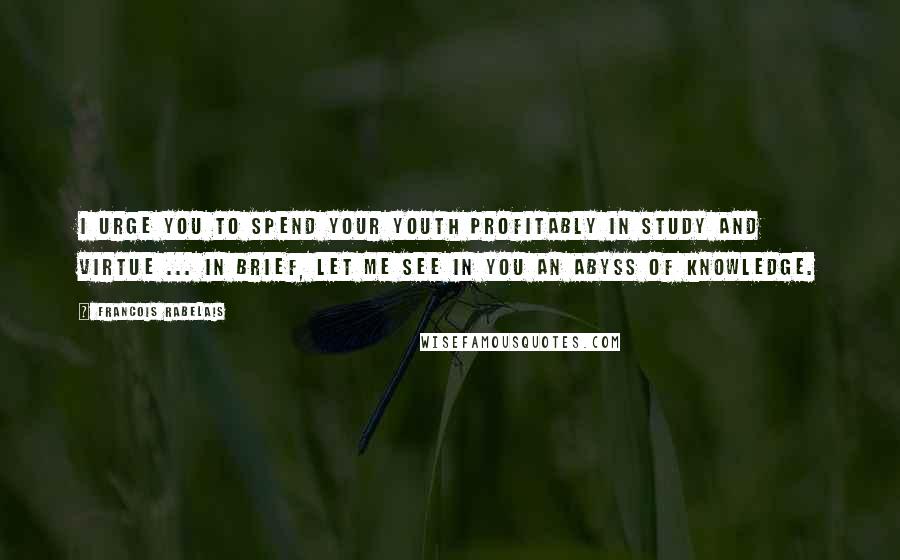 Francois Rabelais Quotes: I urge you to spend your youth profitably in study and virtue ... In brief, let me see in you an abyss of knowledge.