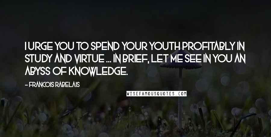 Francois Rabelais Quotes: I urge you to spend your youth profitably in study and virtue ... In brief, let me see in you an abyss of knowledge.