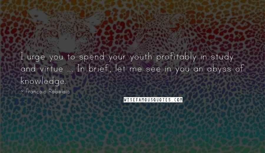 Francois Rabelais Quotes: I urge you to spend your youth profitably in study and virtue ... In brief, let me see in you an abyss of knowledge.