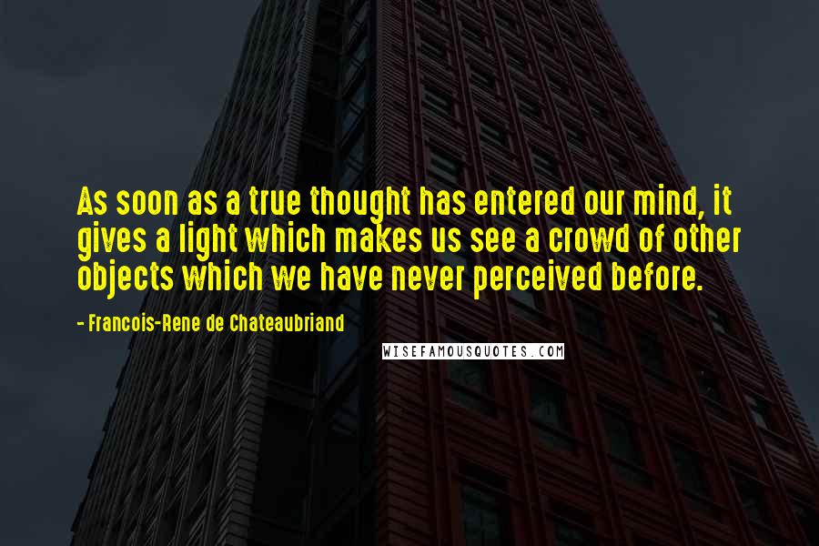 Francois-Rene De Chateaubriand Quotes: As soon as a true thought has entered our mind, it gives a light which makes us see a crowd of other objects which we have never perceived before.
