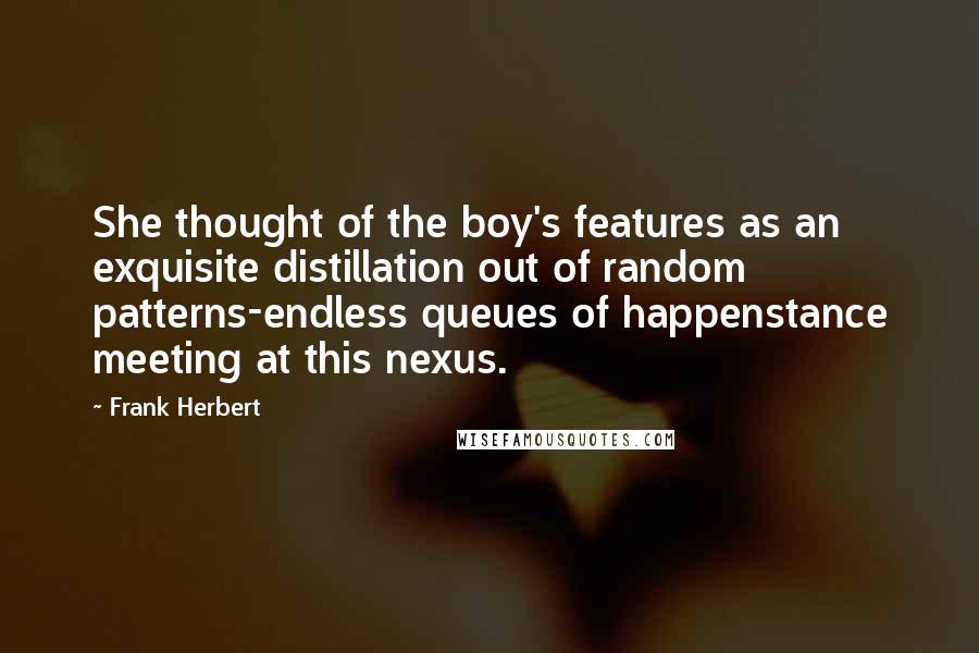 Frank Herbert Quotes: She thought of the boy's features as an exquisite distillation out of random patterns-endless queues of happenstance meeting at this nexus.