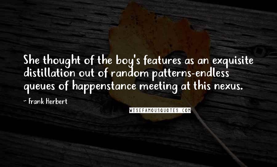 Frank Herbert Quotes: She thought of the boy's features as an exquisite distillation out of random patterns-endless queues of happenstance meeting at this nexus.