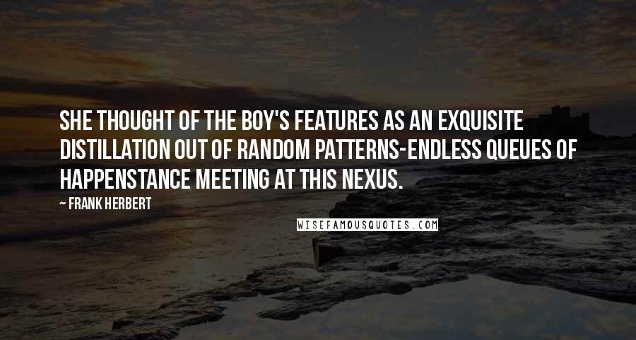 Frank Herbert Quotes: She thought of the boy's features as an exquisite distillation out of random patterns-endless queues of happenstance meeting at this nexus.