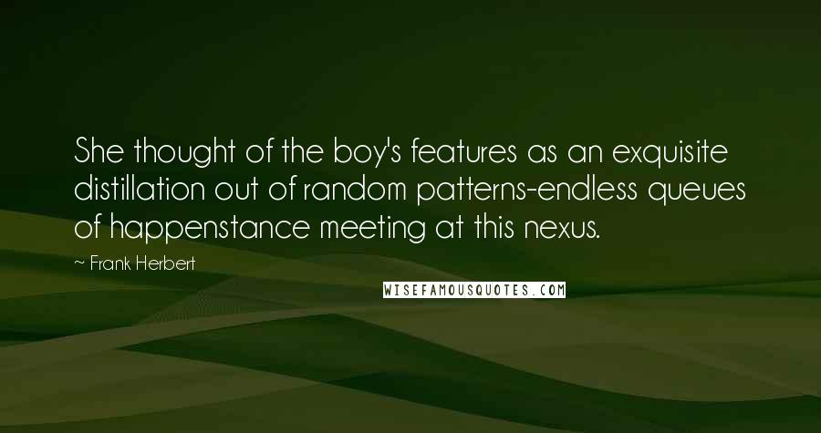 Frank Herbert Quotes: She thought of the boy's features as an exquisite distillation out of random patterns-endless queues of happenstance meeting at this nexus.