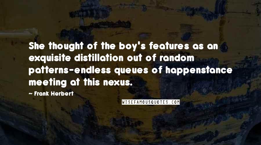 Frank Herbert Quotes: She thought of the boy's features as an exquisite distillation out of random patterns-endless queues of happenstance meeting at this nexus.