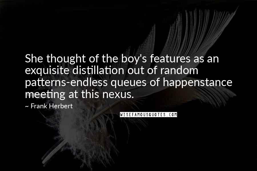 Frank Herbert Quotes: She thought of the boy's features as an exquisite distillation out of random patterns-endless queues of happenstance meeting at this nexus.