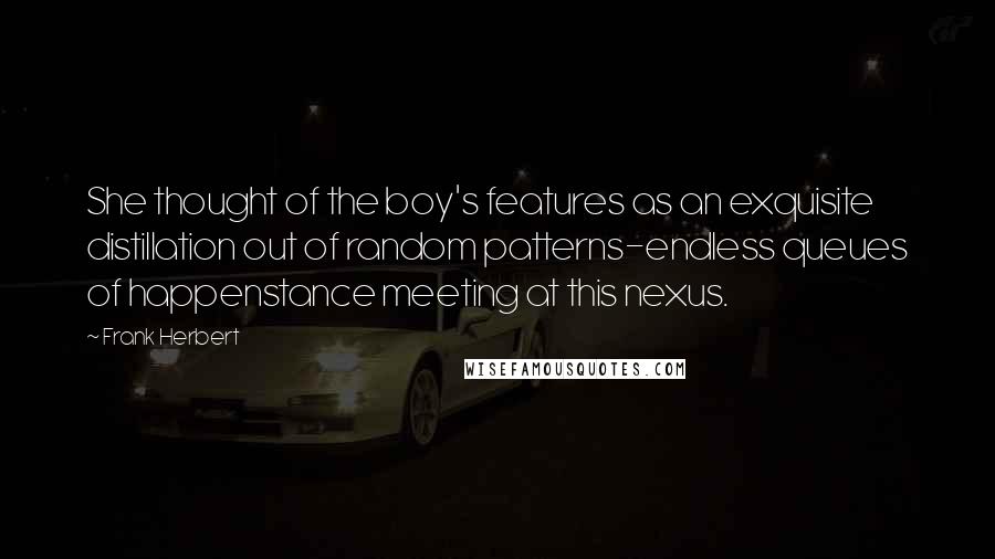 Frank Herbert Quotes: She thought of the boy's features as an exquisite distillation out of random patterns-endless queues of happenstance meeting at this nexus.