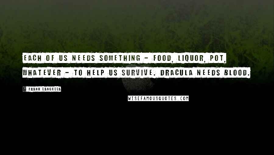 Frank Langella Quotes: Each of us needs something - food, liquor, pot, whatever - to help us survive. Dracula needs blood.