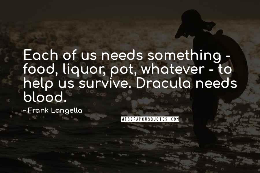 Frank Langella Quotes: Each of us needs something - food, liquor, pot, whatever - to help us survive. Dracula needs blood.