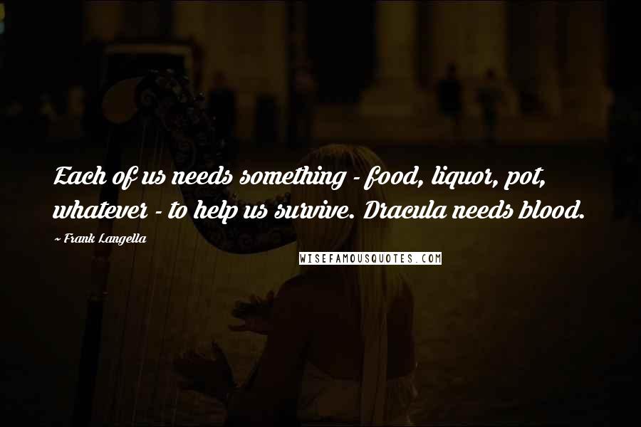 Frank Langella Quotes: Each of us needs something - food, liquor, pot, whatever - to help us survive. Dracula needs blood.