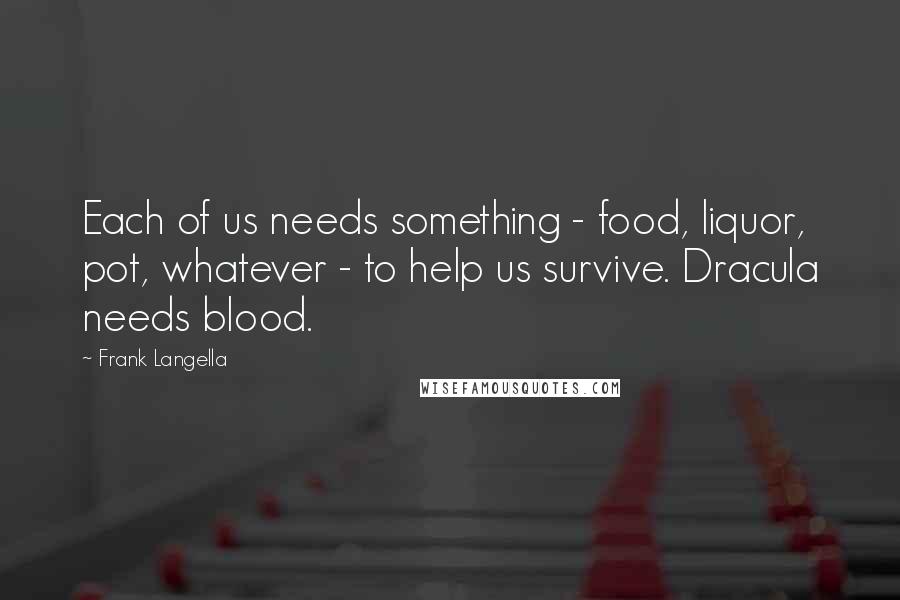 Frank Langella Quotes: Each of us needs something - food, liquor, pot, whatever - to help us survive. Dracula needs blood.