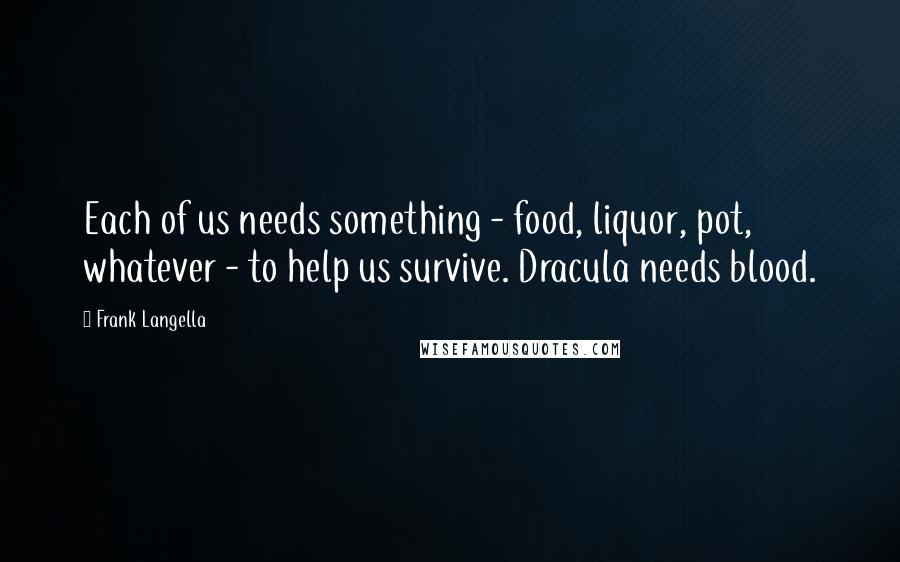 Frank Langella Quotes: Each of us needs something - food, liquor, pot, whatever - to help us survive. Dracula needs blood.