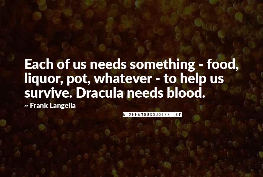 Frank Langella Quotes: Each of us needs something - food, liquor, pot, whatever - to help us survive. Dracula needs blood.