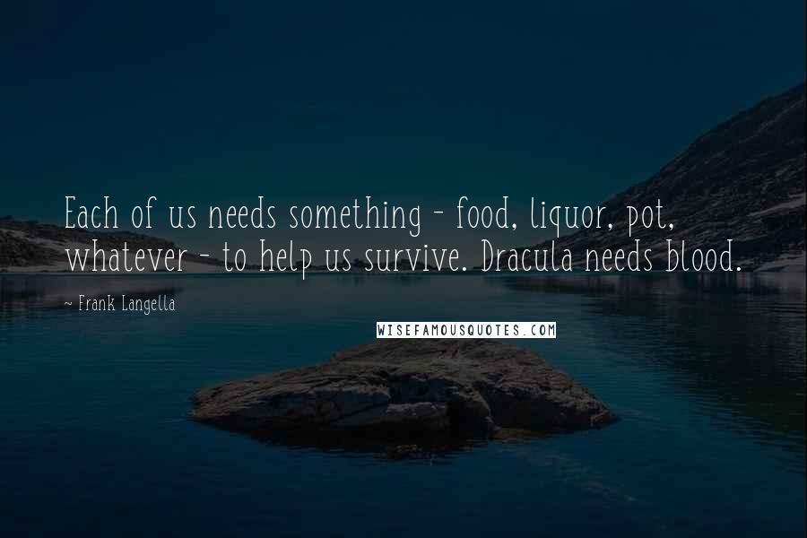 Frank Langella Quotes: Each of us needs something - food, liquor, pot, whatever - to help us survive. Dracula needs blood.