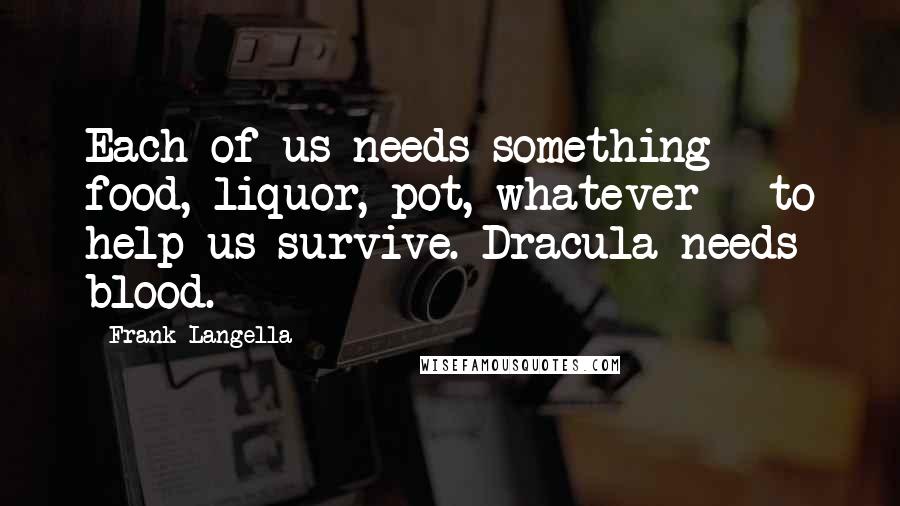 Frank Langella Quotes: Each of us needs something - food, liquor, pot, whatever - to help us survive. Dracula needs blood.